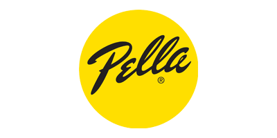 Pella Logo | black script logo in yellow circle | RI Home Show